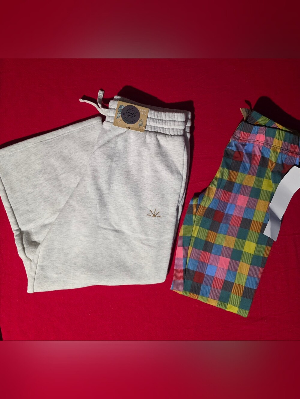 2 Pair- Kids Light Gray Cropped Wide Leg Sweatpants And Plaid PJ Bottoms